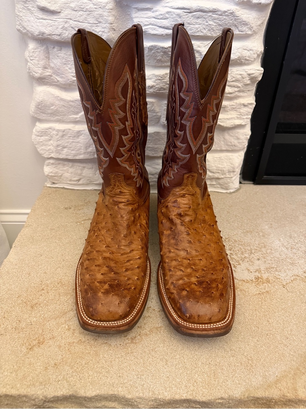 Lucchese Two-Tone Brown Ostrich & Leather Western Boots